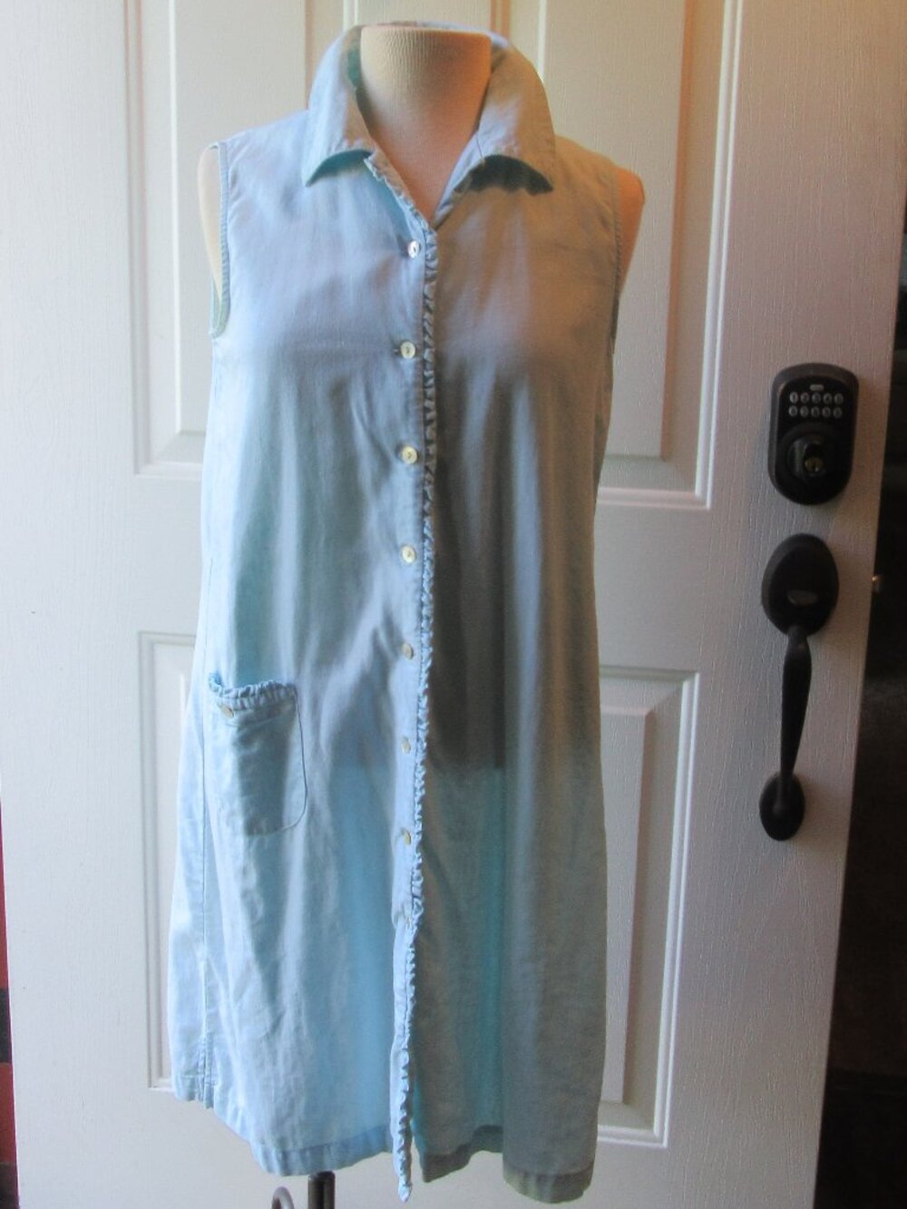 VTG Ruffled Light Blue Linen Sleeveless Shirt Dress Talbots Size 6